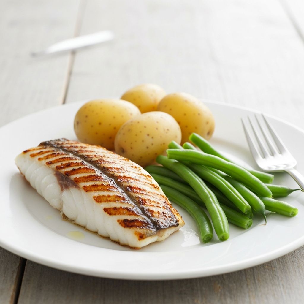 Simple balanced meal with fish, potatoes and vegetables