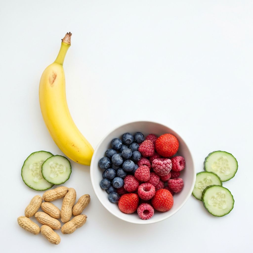 Mix of everyday foods including banana, peanuts, cucumber and berries